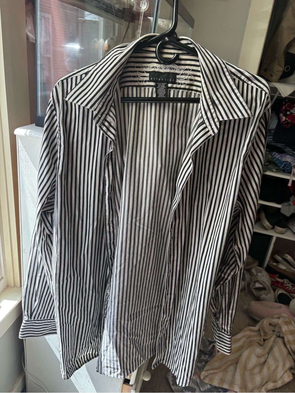 Y2K Attention Black and White Vertical Stripe Button-Down Shirt